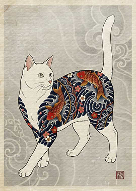 Cat with Koi Irezumi Tattoo