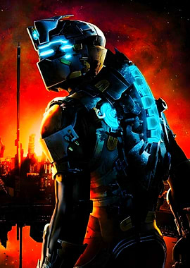 Dead Space Armored Figure in Futuristic Cityscape