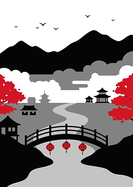 Japanese Landscape with Bridge and Lanterns