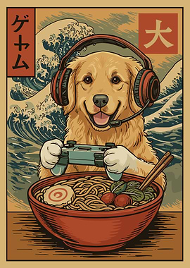 Golden Retriever Gamer Poster, Ramen Japanese Art Print, Cute Dog Wall Decor for Gamers