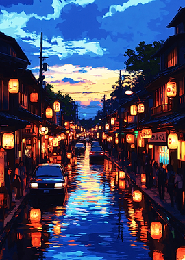Japanese Street at Night with Lanterns