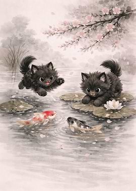 Cute Black Cats Playing in a Lily Pond