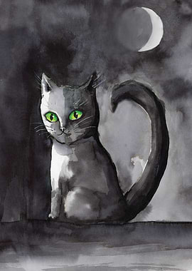 Watercolor Cat Under Crescent Moon