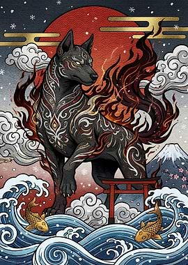 Japanese Mythical Dog with Fire and Waves