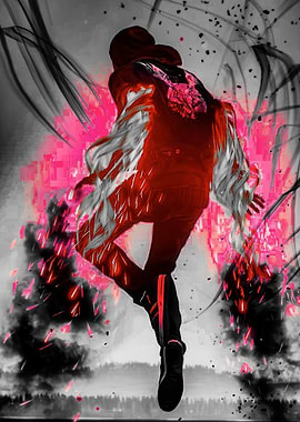 Dynamic Figure with Red and Gray Hues