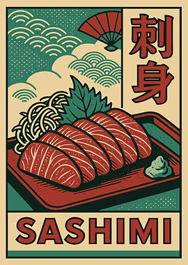 Sashimi Japanese Food Poster, Retro Asian Wall Art Print, Vintage Japan Cuisine Illustration