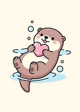 Cute Otter Holding a Pink Heart