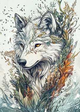 Wolf Portrait with Floral Elements