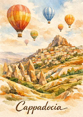 Cappadocia Hot Air Balloons Watercolor Painting