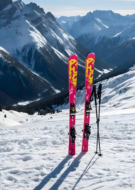 Pink Skis in Snowy Mountain Landscape