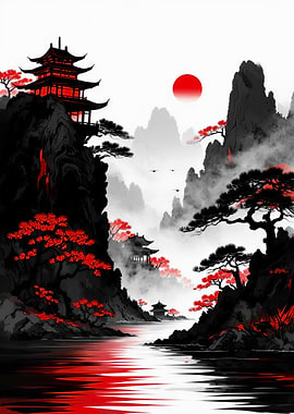 Japanese Landscape with Pagodas and Sun