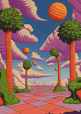 Surreal Landscape with Palm Trees