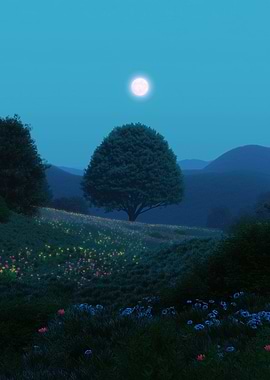 Moonlit Meadow with Flowers and Tree