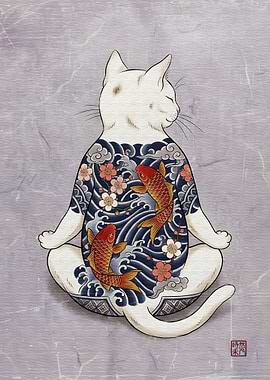 Meditating Cat with Koi Irezumi Tattoo