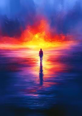 Figure Walking Towards Fiery Horizon