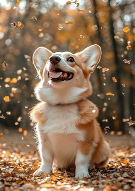 Happy Corgi in Autumn Leaves