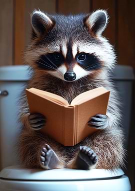 Raccoon Reading on Toilet