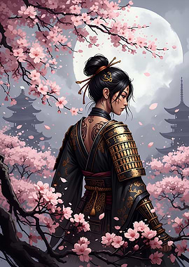 Golden Samurai in Cherry Blossom Mist