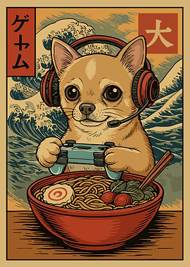 Chihuahua Gamer Ramen Poster, Cute Dog Gaming Art, Japanese Style Wall Art Print