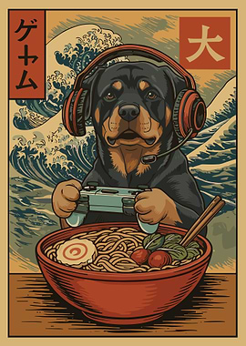 Rottweiler Gaming Ramen Poster, Japanese Food Wall Art, Anime Dog Illustration Print