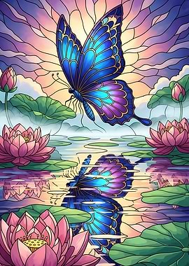 Butterfly and Lotus Pond Illustration