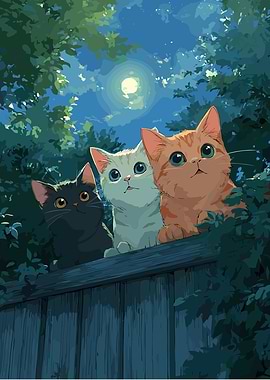 Three Cats on a Fence at Night