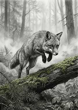 Fox Leaping in Forest