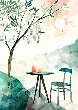 Watercolor Tree with Table and Chair