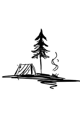 Camping Sketch with Tent and Fire