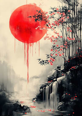 Japanese Landscape with Red Sun