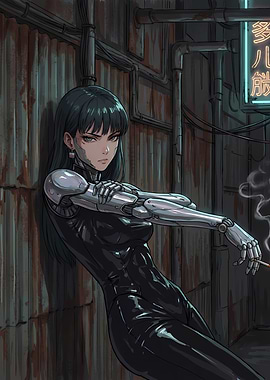 Cyborg Girl Smoking in Alley