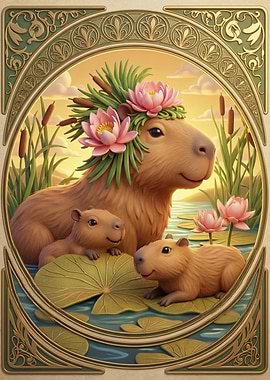 Capybara Family with Lotus Flowers