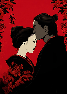 Japanese Geisha Samurai Couple in Red