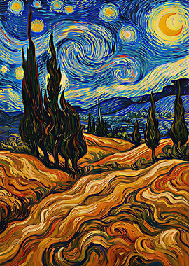 Starry Night Cypress Trees Oil Painting Art
