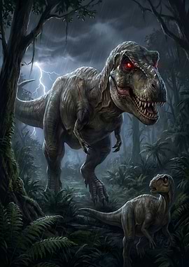 Tyrannosaurus Rex in Stormy Jungle