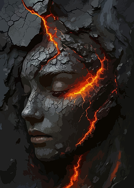 Cracked Stone Face with Lava Veins