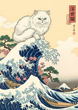 Ukiyo-e Cat on Great Wave