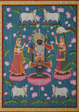 Krishna with attendants and cows painting