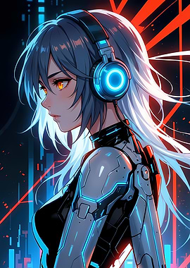 Cyberpunk Anime Girl with Headphones