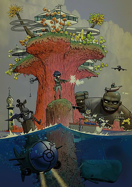 Gorillaz Band Cartoon Island Scene