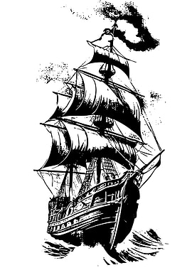Black and White Sailing Ship Illustration