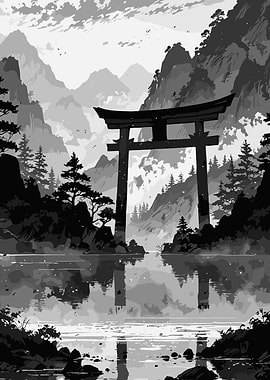 Monochrome Torii Gate Landscape