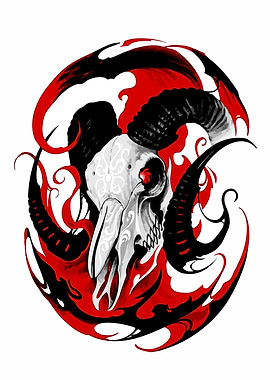 Ram Skull with Red and Black Flames