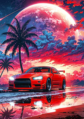 Red Car on Beach with Moon