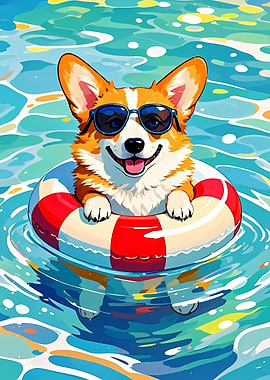 Corgi dog swimming with sunglasses