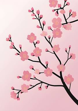 Cherry Blossom Branch on Pink Background