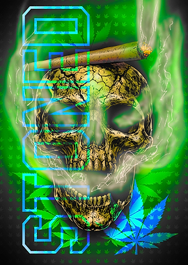 Skull with Joint and Weed Leaves