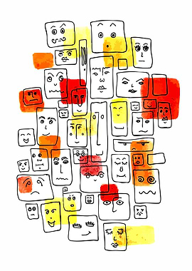 Faces in Squares with Watercolor Accents