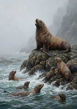 Sea Lions on Rocky Coast Painting