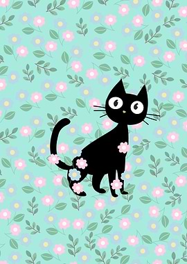Black Cat with Flowers Pattern
